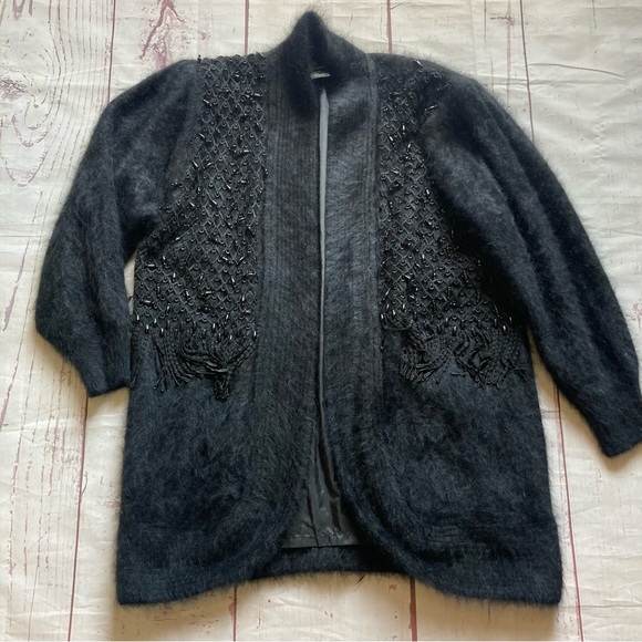 Fully Fashion Free Size Plus 2X Angora Rabbit Blend Cardigan Jacket Beads Fringe - Picture 8 of 9